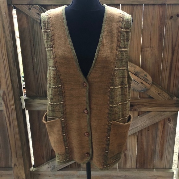 Nipon Studio Button Up Green & Brown Grandpa Style Cardigan Sweater Vest Size M - Picture 1 of 6